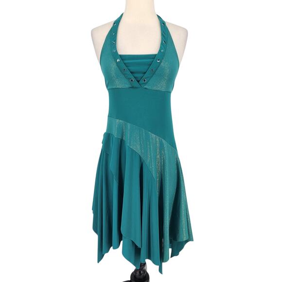 Y2K Fairycore Halter Dress Teal Gold Gem Detail Tiered Handkerchief Hem MED - Picture 1 of 7